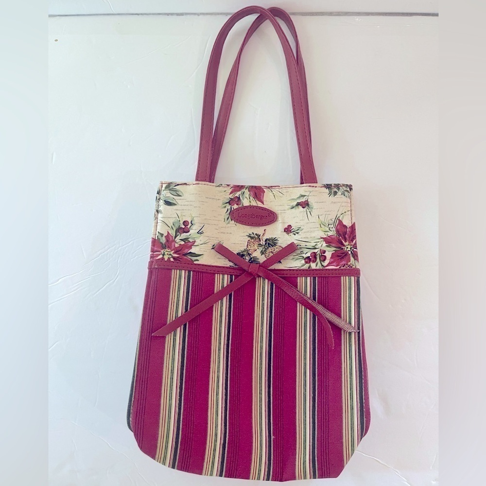 Longaberger Mini Tote Poinsettia and Stripes EUC